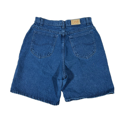 Blue denim shorts with a visible brand label on a white background